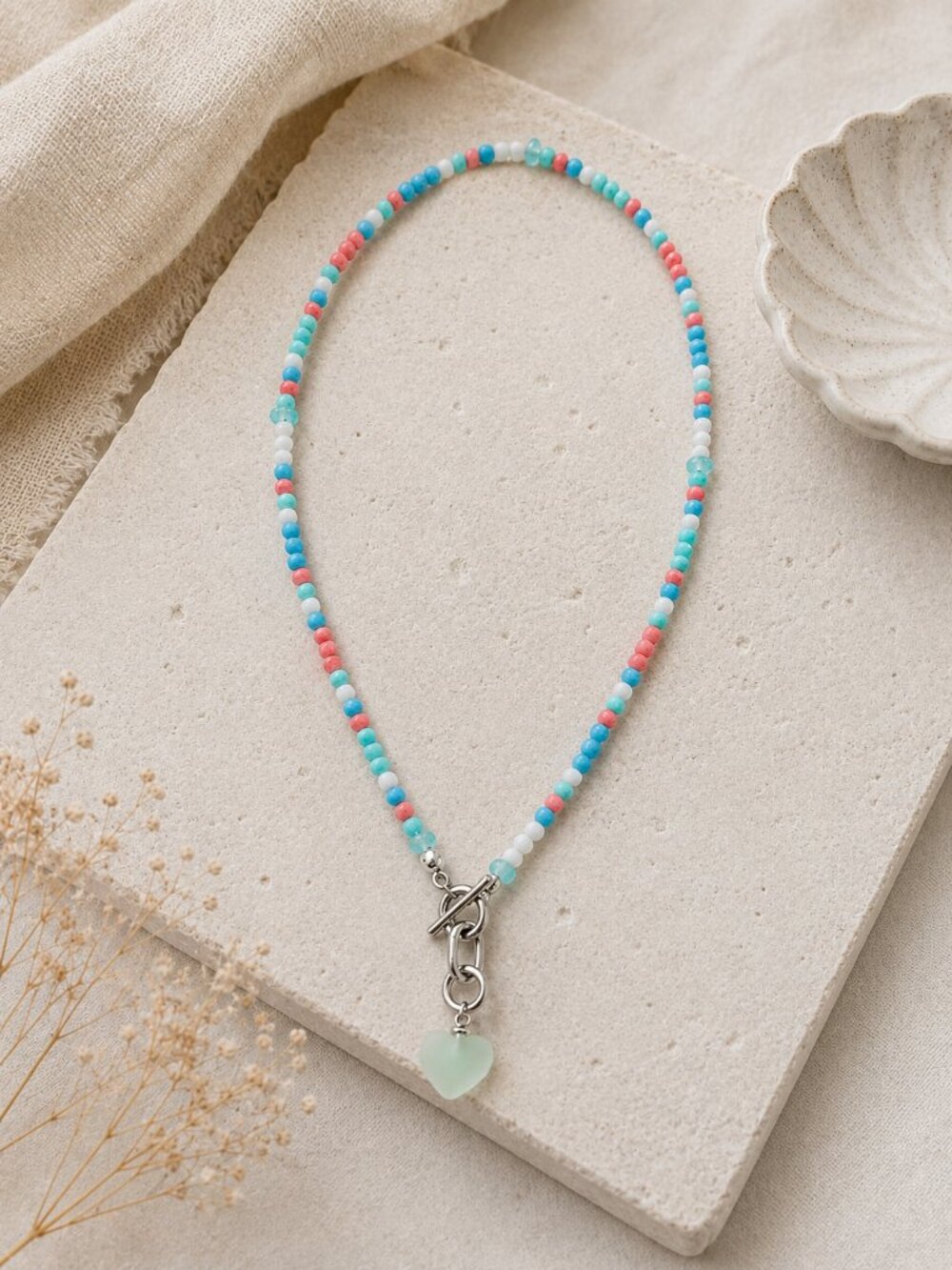 Blue Pink Mint and White Faceted Necklace With Removable Heart Pendant|